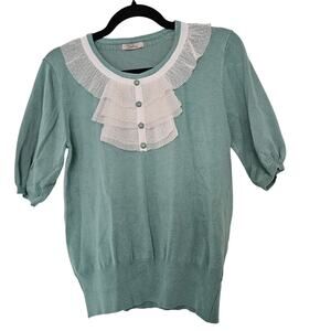 Darling Mint Green Knit Pullover Puff Sleeves, Lace Collar Bib Front Sz L Twee